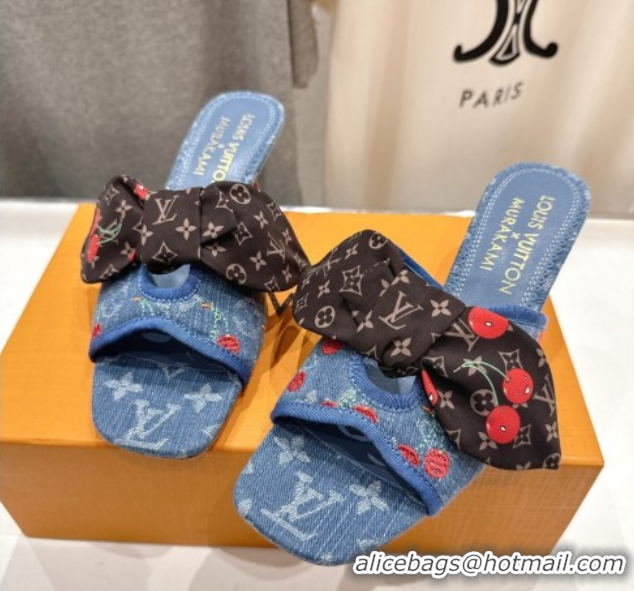 Luxurious Louis Vuitton LV x TM Cherie Heel Slides Sandal 5.5cm in Monogram Denim with Bow Blue/Red 0712054