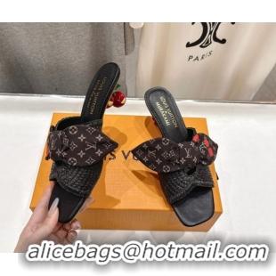 Good Looking Louis Vuitton LV x TM Cherie Heel Slides Sandal 5.5cm in Raffia Straw with Bow Black 0712055