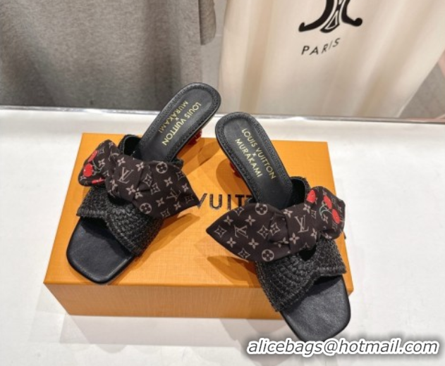 Good Looking Louis Vuitton LV x TM Cherie Heel Slides Sandal 5.5cm in Raffia Straw with Bow Black 0712055