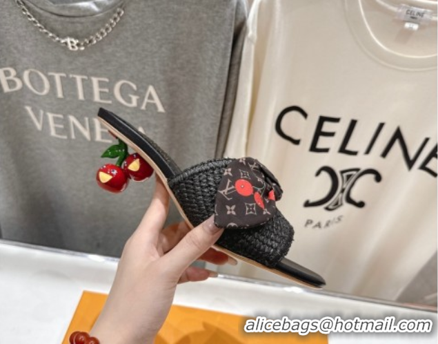 Good Looking Louis Vuitton LV x TM Cherie Heel Slides Sandal 5.5cm in Raffia Straw with Bow Black 0712055