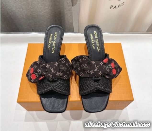 Good Looking Louis Vuitton LV x TM Cherie Heel Slides Sandal 5.5cm in Raffia Straw with Bow Black 0712055