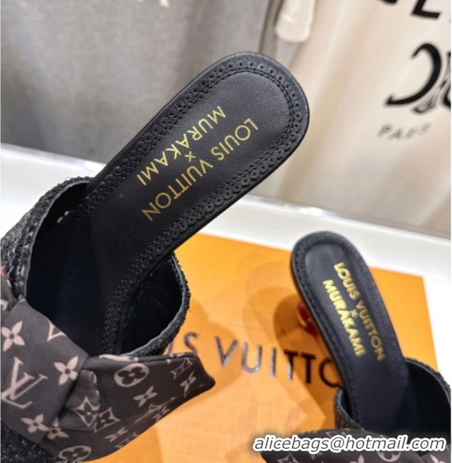 Good Looking Louis Vuitton LV x TM Cherie Heel Slides Sandal 5.5cm in Raffia Straw with Bow Black 0712055
