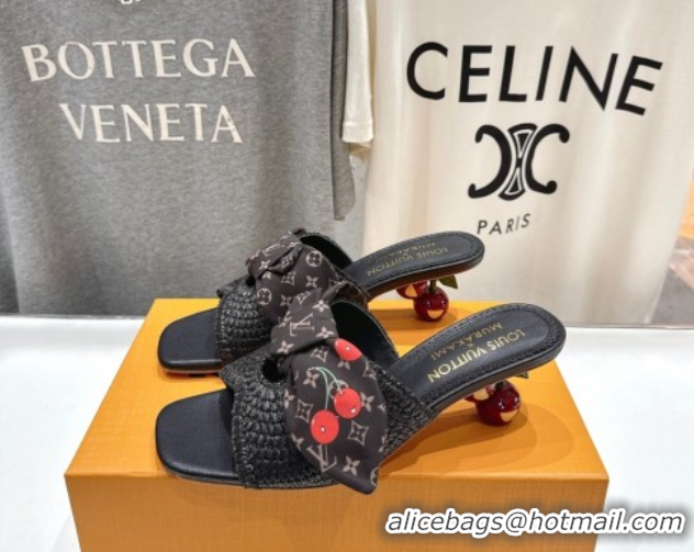 Good Looking Louis Vuitton LV x TM Cherie Heel Slides Sandal 5.5cm in Raffia Straw with Bow Black 0712055