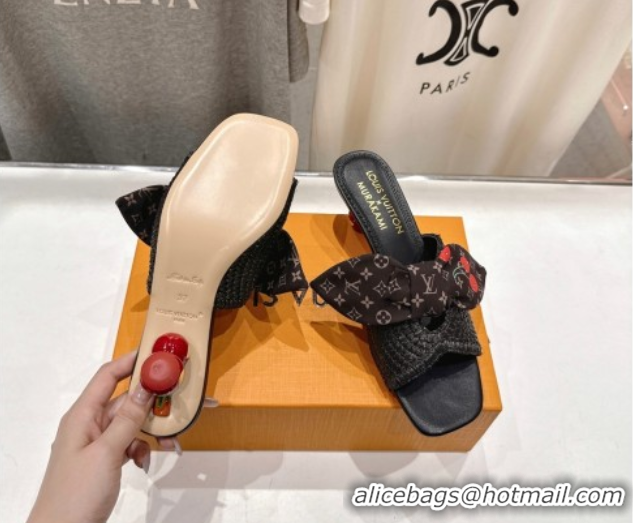 Good Looking Louis Vuitton LV x TM Cherie Heel Slides Sandal 5.5cm in Raffia Straw with Bow Black 0712055