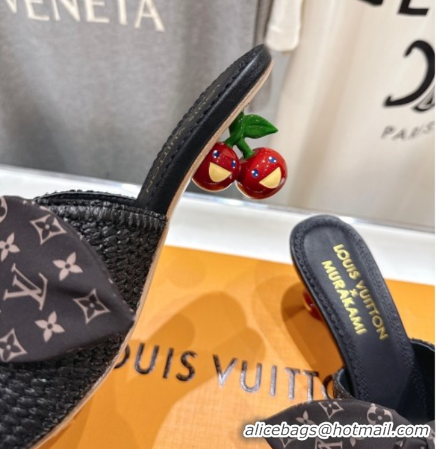 Good Looking Louis Vuitton LV x TM Cherie Heel Slides Sandal 5.5cm in Raffia Straw with Bow Black 0712055