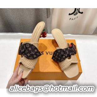Top Design Louis Vuitton LV x TM Cherie Heel Slides Sandal 5.5cm in Raffia Straw with Bow Beige 0712056