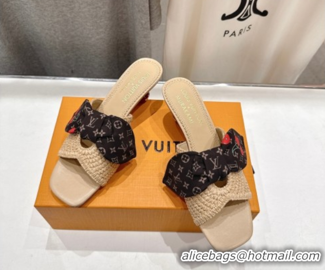 Top Design Louis Vuitton LV x TM Cherie Heel Slides Sandal 5.5cm in Raffia Straw with Bow Beige 0712056