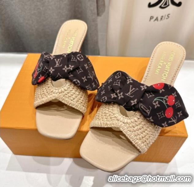 Top Design Louis Vuitton LV x TM Cherie Heel Slides Sandal 5.5cm in Raffia Straw with Bow Beige 0712056