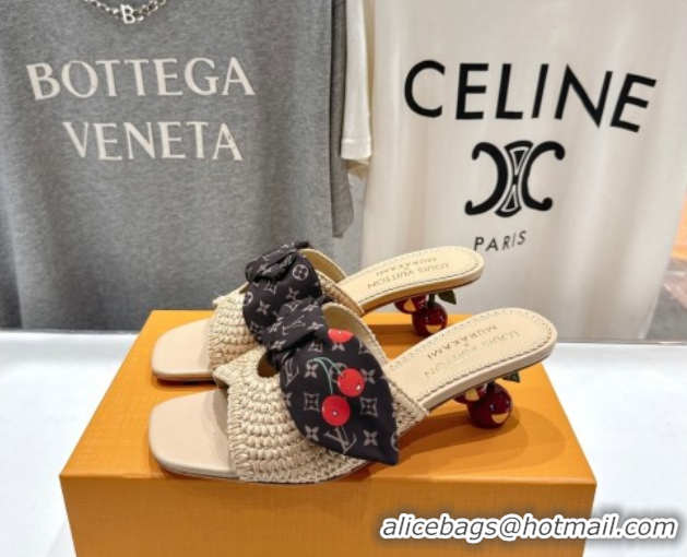 Top Design Louis Vuitton LV x TM Cherie Heel Slides Sandal 5.5cm in Raffia Straw with Bow Beige 0712056