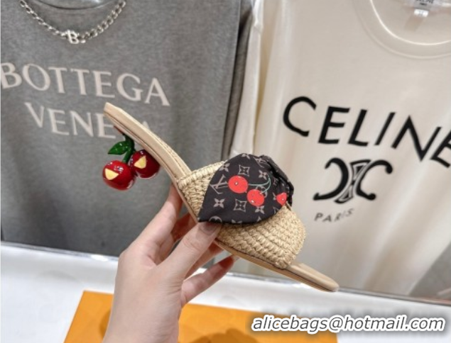 Top Design Louis Vuitton LV x TM Cherie Heel Slides Sandal 5.5cm in Raffia Straw with Bow Beige 0712056