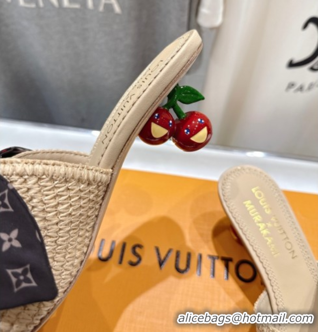 Top Design Louis Vuitton LV x TM Cherie Heel Slides Sandal 5.5cm in Raffia Straw with Bow Beige 0712056