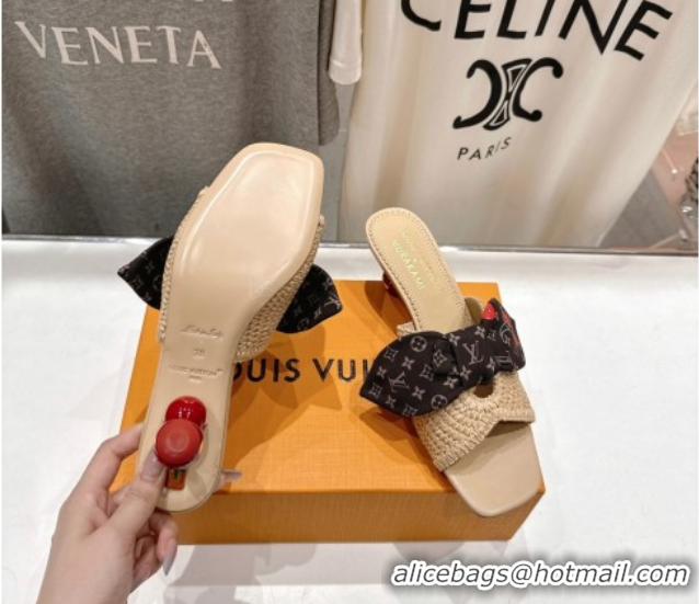 Top Design Louis Vuitton LV x TM Cherie Heel Slides Sandal 5.5cm in Raffia Straw with Bow Beige 0712056