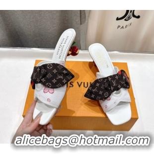 Shop Duplicate Louis Vuitton LV x TM Cherie Heel Slides Sandal 5.5cm in White Blossom Leather with Bow 0712057
