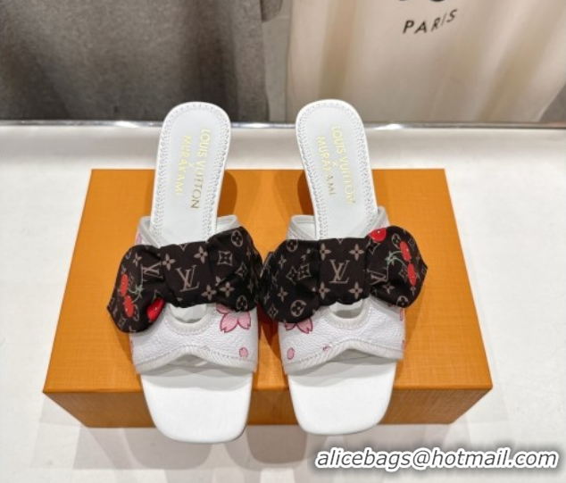 Shop Duplicate Louis Vuitton LV x TM Cherie Heel Slides Sandal 5.5cm in White Blossom Leather with Bow 0712057