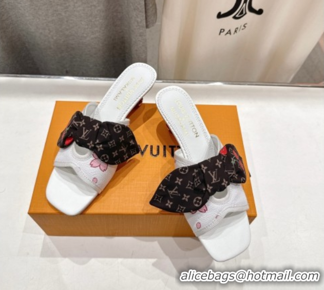 Shop Duplicate Louis Vuitton LV x TM Cherie Heel Slides Sandal 5.5cm in White Blossom Leather with Bow 0712057
