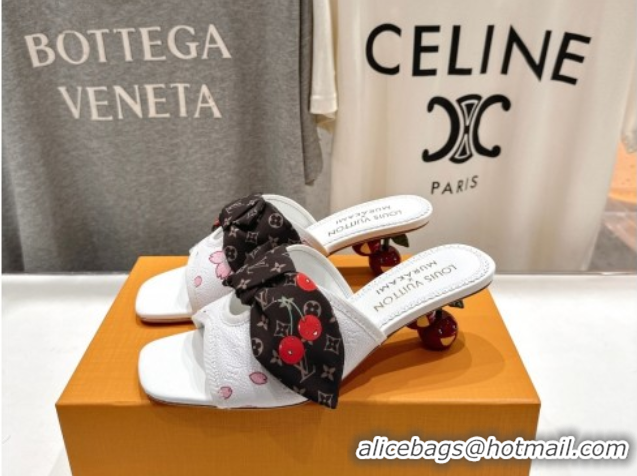 Shop Duplicate Louis Vuitton LV x TM Cherie Heel Slides Sandal 5.5cm in White Blossom Leather with Bow 0712057