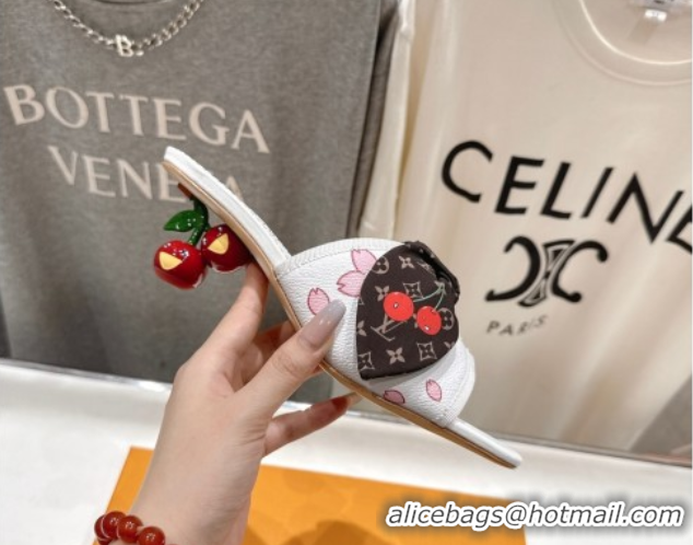Shop Duplicate Louis Vuitton LV x TM Cherie Heel Slides Sandal 5.5cm in White Blossom Leather with Bow 0712057