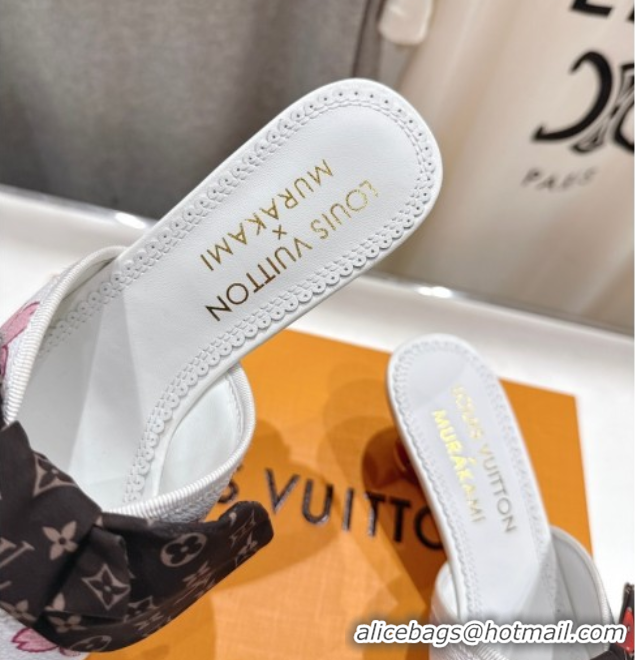 Shop Duplicate Louis Vuitton LV x TM Cherie Heel Slides Sandal 5.5cm in White Blossom Leather with Bow 0712057