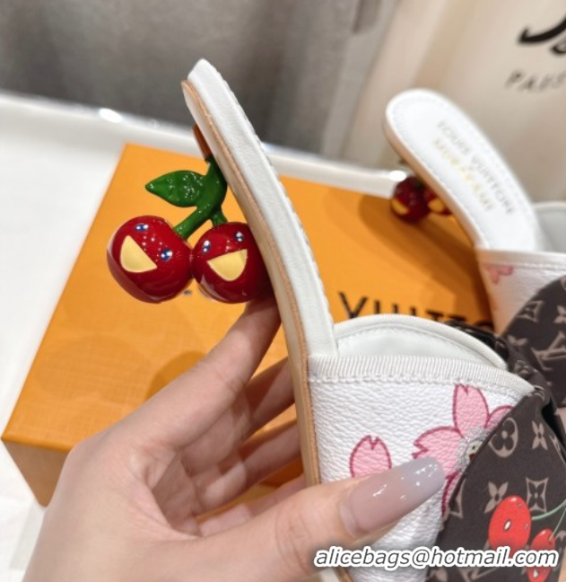 Shop Duplicate Louis Vuitton LV x TM Cherie Heel Slides Sandal 5.5cm in White Blossom Leather with Bow 0712057