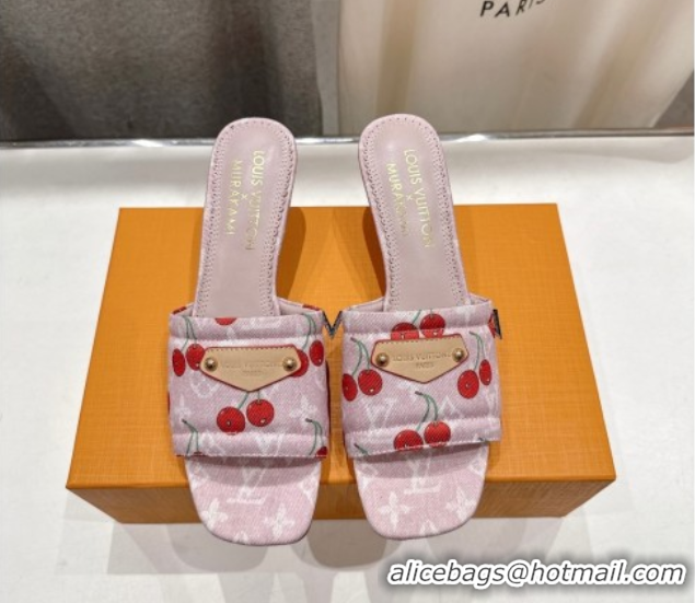 Buy Luxury Louis Vuitton LV x TM Lily Heel Slides Sandal 5.5cm in Cherry Monogram Denim with Bow Pink 0712074