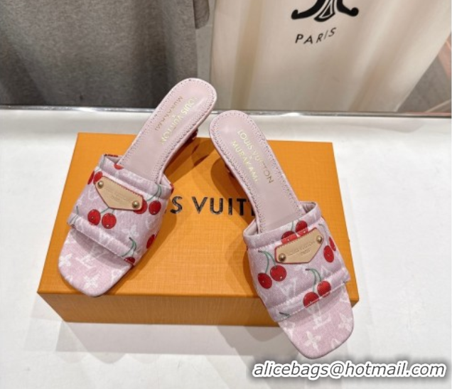 Buy Luxury Louis Vuitton LV x TM Lily Heel Slides Sandal 5.5cm in Cherry Monogram Denim with Bow Pink 0712074