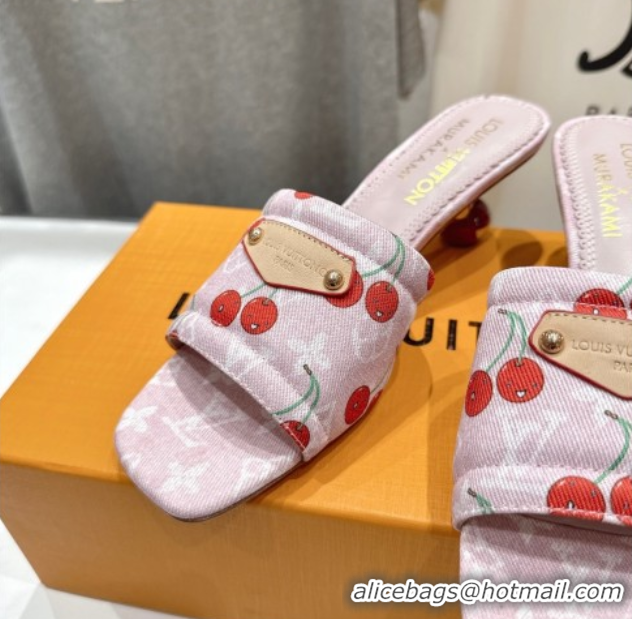 Buy Luxury Louis Vuitton LV x TM Lily Heel Slides Sandal 5.5cm in Cherry Monogram Denim with Bow Pink 0712074