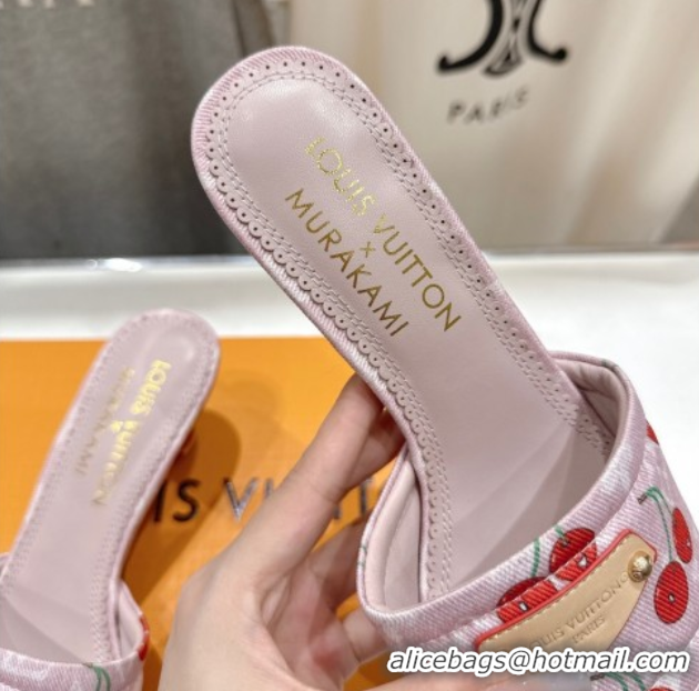 Buy Luxury Louis Vuitton LV x TM Lily Heel Slides Sandal 5.5cm in Cherry Monogram Denim with Bow Pink 0712074