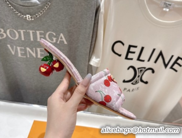 Buy Luxury Louis Vuitton LV x TM Lily Heel Slides Sandal 5.5cm in Cherry Monogram Denim with Bow Pink 0712074
