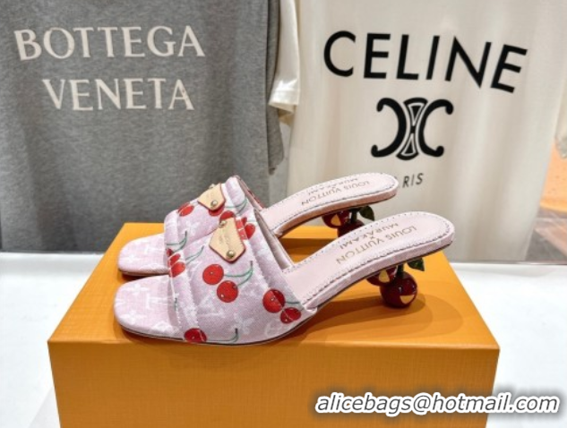 Buy Luxury Louis Vuitton LV x TM Lily Heel Slides Sandal 5.5cm in Cherry Monogram Denim with Bow Pink 0712074