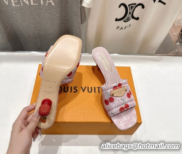 Buy Luxury Louis Vuitton LV x TM Lily Heel Slides Sandal 5.5cm in Cherry Monogram Denim with Bow Pink 0712074