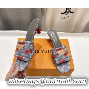 Good Product Louis Vuitton LV x TM Lily Heel Slides Sandal 5.5cm in Cherry Monogram Denim with Bow Grey 0712063
