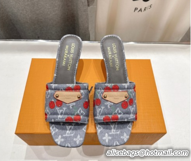 Good Product Louis Vuitton LV x TM Lily Heel Slides Sandal 5.5cm in Cherry Monogram Denim with Bow Grey 0712063