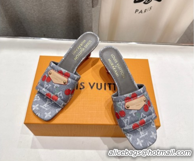 Good Product Louis Vuitton LV x TM Lily Heel Slides Sandal 5.5cm in Cherry Monogram Denim with Bow Grey 0712063