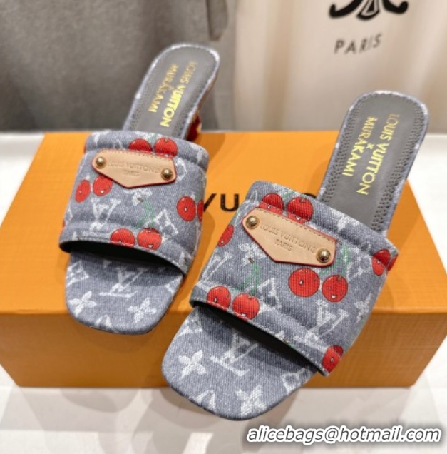 Good Product Louis Vuitton LV x TM Lily Heel Slides Sandal 5.5cm in Cherry Monogram Denim with Bow Grey 0712063