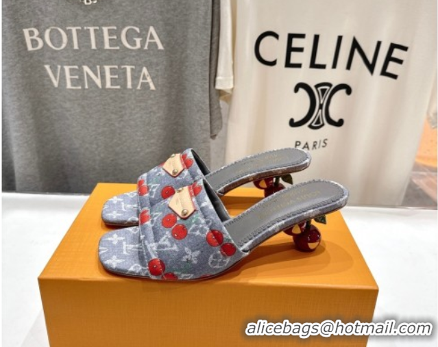 Good Product Louis Vuitton LV x TM Lily Heel Slides Sandal 5.5cm in Cherry Monogram Denim with Bow Grey 0712063