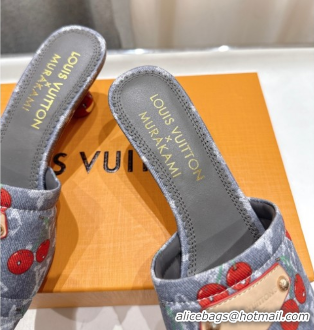 Good Product Louis Vuitton LV x TM Lily Heel Slides Sandal 5.5cm in Cherry Monogram Denim with Bow Grey 0712063
