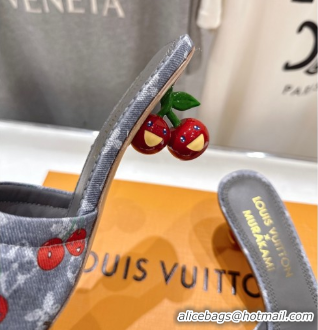 Good Product Louis Vuitton LV x TM Lily Heel Slides Sandal 5.5cm in Cherry Monogram Denim with Bow Grey 0712063