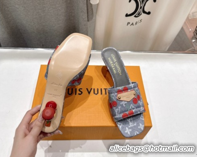 Good Product Louis Vuitton LV x TM Lily Heel Slides Sandal 5.5cm in Cherry Monogram Denim with Bow Grey 0712063