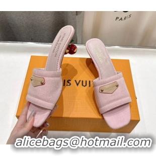1:1 Louis Vuitton LV x TM Lily Heel Slides Sandal 5.5cm in Monogram Denim with Bow Light Pink 0712067