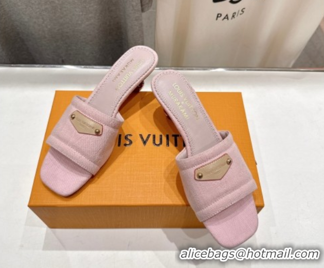 1:1 Louis Vuitton LV x TM Lily Heel Slides Sandal 5.5cm in Monogram Denim with Bow Light Pink 0712067