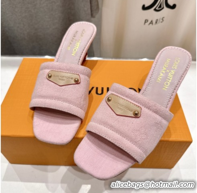 1:1 Louis Vuitton LV x TM Lily Heel Slides Sandal 5.5cm in Monogram Denim with Bow Light Pink 0712067