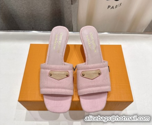 1:1 Louis Vuitton LV x TM Lily Heel Slides Sandal 5.5cm in Monogram Denim with Bow Light Pink 0712067