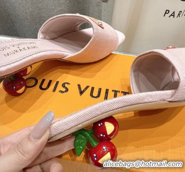 1:1 Louis Vuitton LV x TM Lily Heel Slides Sandal 5.5cm in Monogram Denim with Bow Light Pink 0712067