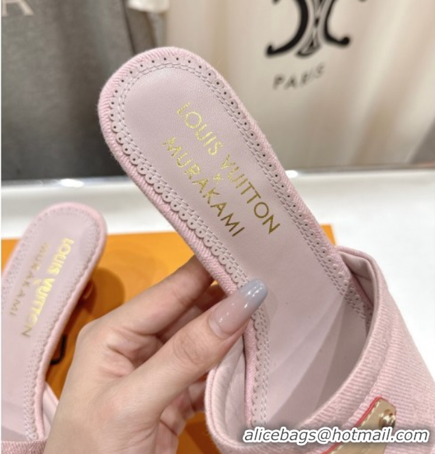 1:1 Louis Vuitton LV x TM Lily Heel Slides Sandal 5.5cm in Monogram Denim with Bow Light Pink 0712067