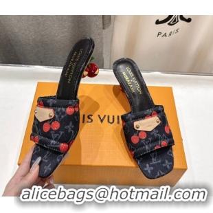 Good Quality Louis Vuitton LV x TM Lily Heel Slides Sandal 5.5cm in Monogram Denim with Bow Black 0712068
