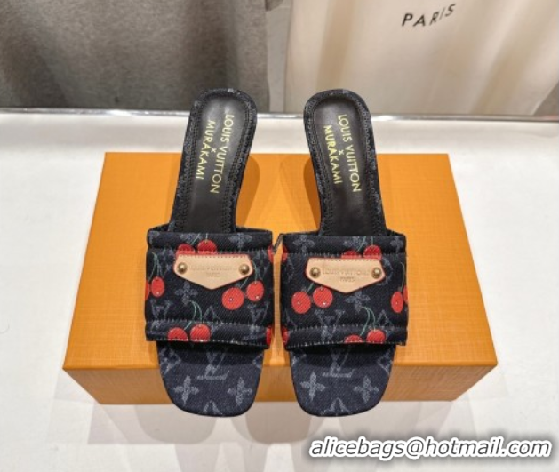 Good Quality Louis Vuitton LV x TM Lily Heel Slides Sandal 5.5cm in Monogram Denim with Bow Black 0712068