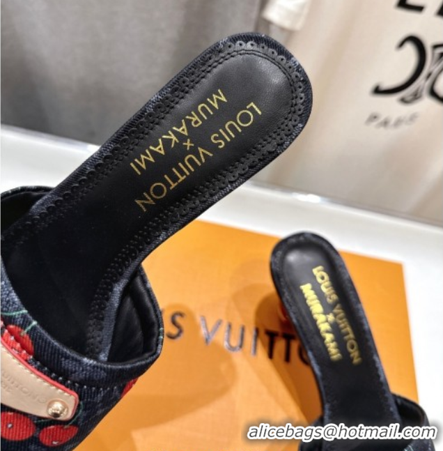 Good Quality Louis Vuitton LV x TM Lily Heel Slides Sandal 5.5cm in Monogram Denim with Bow Black 0712068