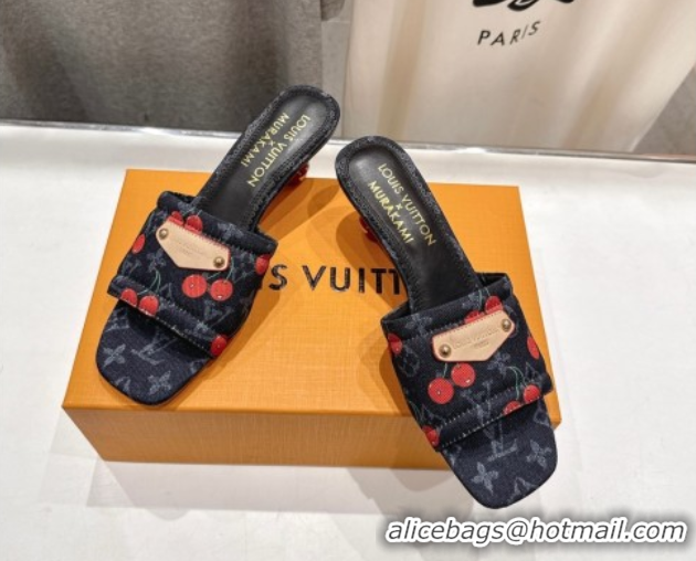 Good Quality Louis Vuitton LV x TM Lily Heel Slides Sandal 5.5cm in Monogram Denim with Bow Black 0712068