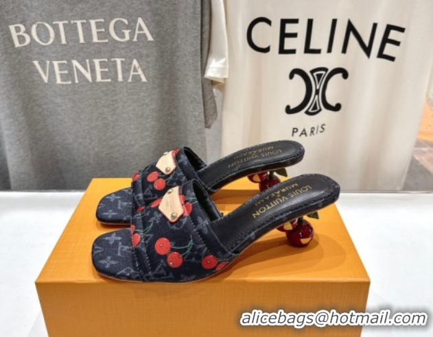 Good Quality Louis Vuitton LV x TM Lily Heel Slides Sandal 5.5cm in Monogram Denim with Bow Black 0712068
