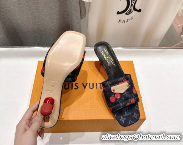 Good Quality Louis Vuitton LV x TM Lily Heel Slides Sandal 5.5cm in Monogram Denim with Bow Black 0712068
